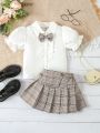 Baby Girls' Preppy Style Brown Plaid Shirt And Skirt Set For Spring And Summer