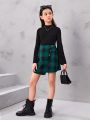 SHEIN Kids FANZEY Girls' Stand Collar Solid Color Blouse & Plaid A-Line Skirt Set With Flare Sleeves