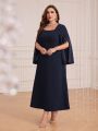 SHEIN Modely Plus Size Square Neckline Slit Pearl Detail Bell Sleeve Dress Without Belt