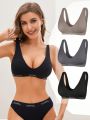 3pcs Letter Graphic Wireless Bra