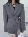 DAZY Women's Color Block Blazer With Belted Waist