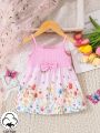 SHEIN Baby Girls' Casual And Cute Colorful Rabbit, Butterfly, Flower Printed Sleeveless Dress For Spring, Summer And Outdoor Activity