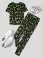 SHEIN Teenage Boys' Casual And Comfortable Short-Sleeved Printed Top And Long Pants Homewear Set