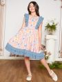 SHEIN Kids CHARMNG Tween Girls' Woven Floral Print Romantic Dress With Patchwork And Flouncing Sleeves