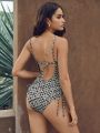 SHEIN Leisure Checker and Floral Print Drawstring Side One Piece Swimsuit