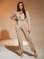 SHEIN SXY Women's V Neck Pleated Wide Leg Jumpsuit