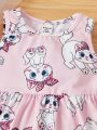 SHEIN Baby Girls' Casual Knitted Sleeveless Cat Print Empire Waist Dress