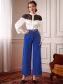 SHEIN DECDS Vintage Elegant Women'S Loose Metal Buckle Straight Leg Pants, Autumn/Winter/New Year