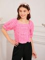 SHEIN Kids FANZEY Girls' Square Neck Bubble Sleeve Checkered Shirt With Pleats And 3d Pattern Design