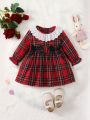 Baby Girl Tartan Print Ruffle Trim Flounce Sleeve Bow Front Dress