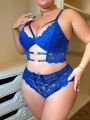 Women'S Plus Size Solid Color Lace Wireless Bra And Panty Set