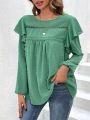 SHEIN Clasi Solid Color Ruffle Hem Long Sleeve Shirt