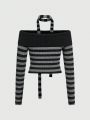 ROMWE Grunge Punk Women'S Striped Off Shoulder Sweater