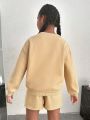 SHEIN Kids Cooltwn Girls' Fashionable Streetwear Knitted Round Neck Long Sleeve Tracksuit