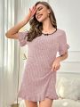 Heart Print Contrast Mesh Ruffle Hem Nightdress