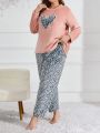 Plus Size Leopard Print Heart Pattern Coral Fleece Pajama Set