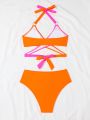 SHEIN Swim Vcay Ladies' Contrast Color Cross Design Halter-Neck Separate Swimsuit