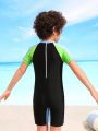 Young Boy'S Letter And Coconut Tree Print Short Sleeve Swimsuit With Shorts