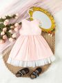 SHEIN Baby Girl Elegant & Sweet Satin Floral Dress With Pink Mesh Patchwork, Sleeveless With Gold Bowknot Decoration