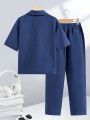 SHEIN Kids EVRYDAY Tween Boys' Loose Fit Casual Short Sleeve Suit Jacket And Pants Set With Turn-Down Collar