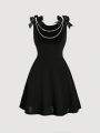 SHEIN MOD Solid Pearls Beaded Bow Shoulder Dress