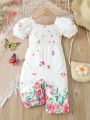 Infant Girls' Floral Printed Puff Sleeve Jumpsuit