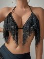 SHEIN Swim Vcay Shiny Fringed Halter Bikini Top