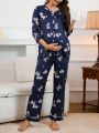 Flower Pattern V-Neck Long Sleeve Maternity Pajamas