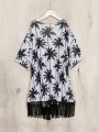 SHEIN Swim Vcay Women's Kimono Jacket Blouse With Palm Tree Print