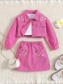 SHEIN Kids EVRYDAY Toddler Girls Floral Embroidery Flap Pocket Jacket & Skirt & Tank Top