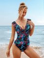 SHEIN Leisure Tropical Print Ruffle Trim Plunging One Piece Swimsuit