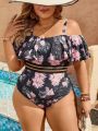 SHEIN Swim Classy Plus Size Off-shoulder Floral Printed One-piece Swimsuit