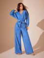 Batwing Sleeve Ruched Belted Denim Jumpsuit