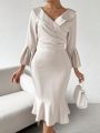 SHEIN Privé Solid Color Wrapped Trumpet Sleeves Pleated Mermaid Dress