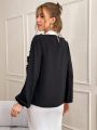 SHEIN Privé Women's Black And White Contrast Color Shirt With Pleated Bib And Frill Trim