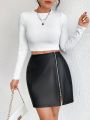 SHEIN Essnce Women'S Zipper Front Pu Leather Mini Skirt