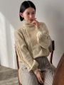 FRIFUL Women'S Solid Color High Neck Cable Knit Sweater With Drop Shoulder Sleeves