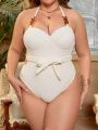 SHEIN Swim Chicsea Women'S Plus Size Solid Color Textured Backless Halter One Piece Swimsuit