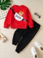 Little Boys' Tiger & Letter Printed Sweatshirt And Solid Color Sweatpants Set
