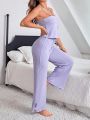 Solid Color Casual Cami Top With Split Hem Homewear Set