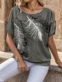 Hollow Out Shoulder Feather Pattern Printed T-Shirt