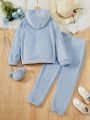 Girls' Plush Hooded Cat Embroidery Sweatsuit With Pants For Autumn/winter + Cross-body Bag As Gift