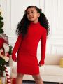 SHEIN Kids Cooltwn Tween Girls' Basic Knit High-Necked Solid Color Slim Fit Casual Dress