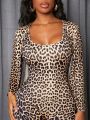 SHEIN Slayr Ladies' Leopard Printed Long Sleeve Jacket And Vest With Skinny Jumpsuit 2pcs/set