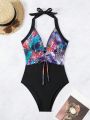 SHEIN Swim BohoFeel Women'S Spliced Printed Drawstring Ruched Halter One-Piece Swimsuit