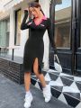 SHEIN Qutie Colorblock High Slit Long Sleeve Dress