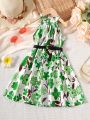 SHEIN Kids EVRYDAY Toddler Girls 1pc Floral Print Halter Neck Dress