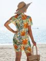 SHEIN Swim Vcay Tropical Print Front Knot Kimono Cardigan