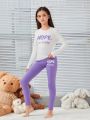 SHEIN Kids Nujoom Tween Girl Letter Graphic Tee & Pants PJ Set