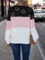 Heart Print Colorblock Half Zip Sweatshirt